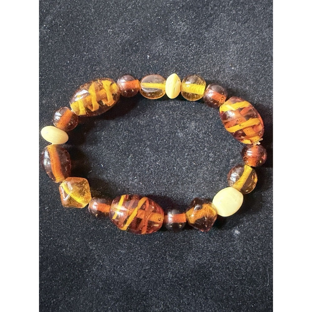 Handmade Art Glass Stretch Bracelet Amber Brown Yellow Beaded Boho Vintage Style